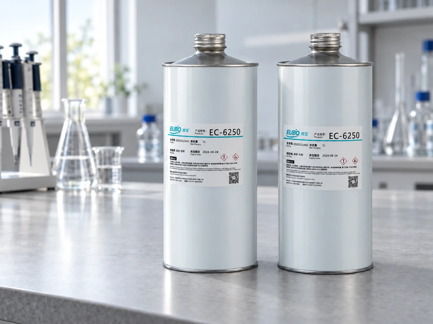 Ilustrasi produk berupa kaleng EUBO EC-6250 abu-abu muda berpermukaan halus di meja laboratorium